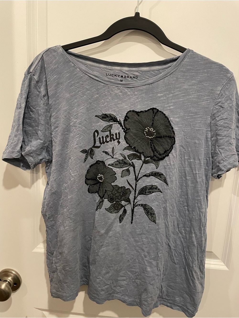 Lucky Brand Dusty Blue Tee with Black Floral Motif